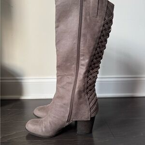 Fergalicious by Fergie Heeled Boots with Woven Detail in Taupe
